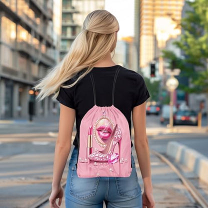 Castle Fairy Pink High Heel Drawstring Backpack,Rose Lipstick Waterproof Sports Gym Bag,Glitter Diamond and Pearl Large Capacity for Travelling,Swimming,Beach,Pink - color: Pink