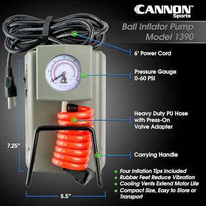 Cannon Sports Electric Ball Inflator Pump with Pressure Gauge - Powerful 1/8 HP Oil-Less Compressor, Inflates Balls, Exercise Balls, Tires, Pool Floats, Air Mattresses, and More
