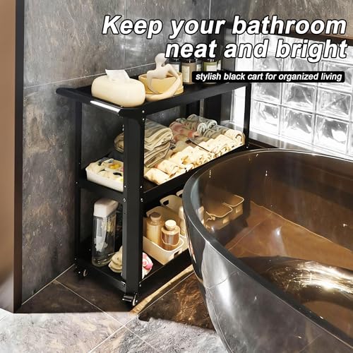 3 Tier Metal Utility Rolling Cart with Wheels, Heavy Duty Storage Organizer Trolley Cart for Kitchen, Bathroom, Office, Bedroom – Multi-Purpose 330Lbs Capacity Utility Cart on Wheels, Black - color: Black