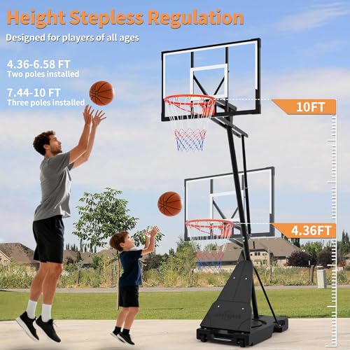 PIZZELLO Basketball Hoop 44/52 Inch Portable Basketball Goal Outdoor4.36-10ft Stepless Regulation Crank Adjust Basketball Goal System for Backyard, Driveway and Indoor - size: 52 Inch Backboard