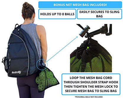 McEtt Pickleball Sling Bag & Mesh Ball Bag – Adjustable Crossbody Backpack for Women Men – Holds Pickleballs, Paddles, Water Bottle, Gear - color: Black