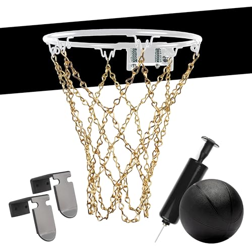Mini Basketball Set, 9-Inch White Rim with Chain Net, Door Hooks, Ball and Pump - color: Gold