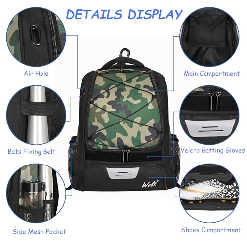 WOLT Youth Baseball Bag - Bat Backpack for Baseball, T-Ball & Softball Equipment & Gear, Bat & Glove Holder, Large Main Compartment for Helmet & accessories, Separate Shoes Compartment, Fence Hook - color: Camogreen