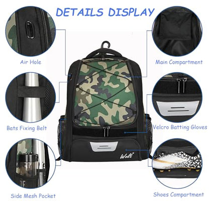 WOLT Youth Baseball Bag - Bat Backpack for Baseball, T-Ball & Softball Equipment & Gear, Bat & Glove Holder, Large Main Compartment for Helmet & accessories, Separate Shoes Compartment, Fence Hook - color: Camogreen