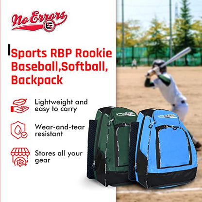 No Errors Sports RBP Rookie Baseball and Softball Backpack - Youth Baseball and Softball Bat Bag with Fence Hooks - Baseball and Softball Equipment Bag for Kids - color: Lt. Blue
