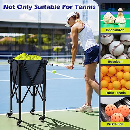 GYMAX Tennis Ball Hopper, Folding 150 Tennis Ball Holder Cart with Carry Bag, Easy Assembly Frame, Removable Bag & 4 Universal Wheels, Portable Durable Tennis Ball Basket for Ball Pickup - color: Navy Blue