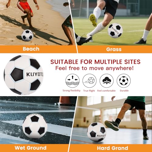 KUYOTQ Kids Youth Soccer Ball Size 4 Boys Leather Machine Stitched Hidden Stitch White Black Soccer Ball with Blue Trim for Boys Girls, Durable Strength and Water Resistance for Training and Match