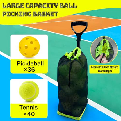 Lightweight Tennis Ball Hopper – Holds 50+ Tennis Balls or 40+ Pickleballs | Durable Steel Frame | Portable Adjustable Ball Picker for Hard Court, Clay, Grass - color: Green