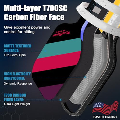 Pickleball Paddles, T700 Raw Carbon Fiber with 16mm Polypropylene Honeycomb Core for Control & Spin, Large Sweet Spot, 7.4oz Paddle Anti-Slip Cushioned Grip for Beginners & Intermediates