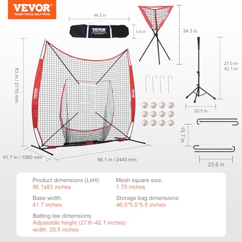 VEVOR Softball Practice Net, Portable Baseball Training Net for Hitting, Batting, Catching, Pitching - Backstop Equipment with Bow Frame, Carry Bag, Strike Zone, Batting Tee