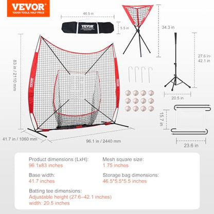 VEVOR Softball Practice Net, Portable Baseball Training Net for Hitting, Batting, Catching, Pitching - Backstop Equipment with Bow Frame, Carry Bag, Strike Zone, Batting Tee