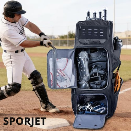Large Rolling Baseball Catchers Gear Bag with Wheels, Softball Bag with Hard Backing for 4 Bats,Equipment Bag with Separate Shoe & Helmet Compartments, Youth Baseball Bag with 360° Spinner Wheels - color: Black, size: Style B - Heavy-Duty Rolling Base