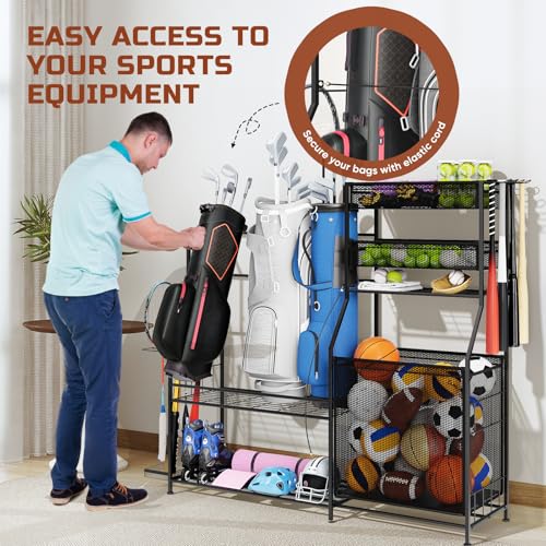 Garage Sports Equipment Organizer, 3 Golf Bag Organizer Stand Heavy-Duty Ball Storage Rack with Basket and Hooks, Ball Storage Cart for Toy Sports Gear Storage, Black