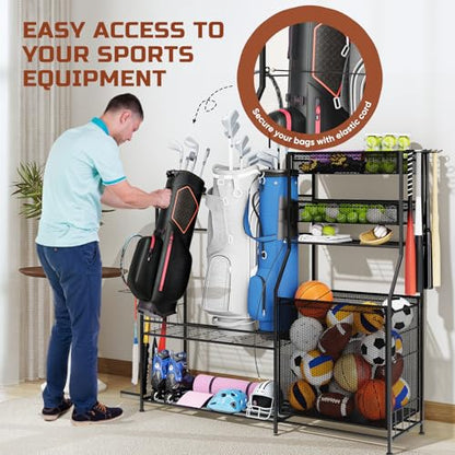 Garage Sports Equipment Organizer, 3 Golf Bag Organizer Stand Heavy-Duty Ball Storage Rack with Basket and Hooks, Ball Storage Cart for Toy Sports Gear Storage, Black