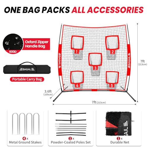 BAGAIL Football Throwing Net - 5 or 9 Target Pockets, Easy Setup, Heavy-Duty - Portable QB Accuracy Trainer, Fun Target Practice Net for Football with Carry Bag - color: Red, style: 7'x 7' - 5 Pockets