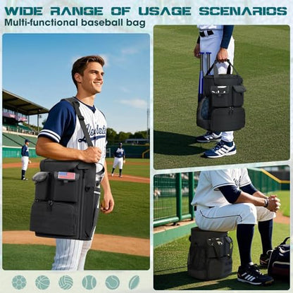 RAINSMORE Baseball Bucket Bag Tactical Baseball Coaches Bag with Insulation Pocket Lightweighht Softball Baseball Bag Backpack for Adult Multiple Pockets for Balls, Bat, Gloves, Scoreboards