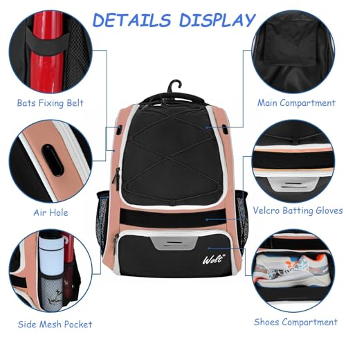 WOLT Youth Baseball Bag - Bat Backpack for Baseball, T-Ball & Softball Equipment & Gear, Bat & Glove Holder, Large Main Compartment for Helmet & accessories, Separate Shoes Compartment, Fence Hook - color: Lightpink