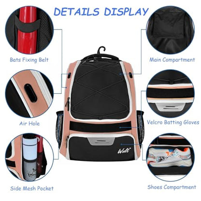 WOLT Youth Baseball Bag - Bat Backpack for Baseball, T-Ball & Softball Equipment & Gear, Bat & Glove Holder, Large Main Compartment for Helmet & accessories, Separate Shoes Compartment, Fence Hook - color: Lightpink