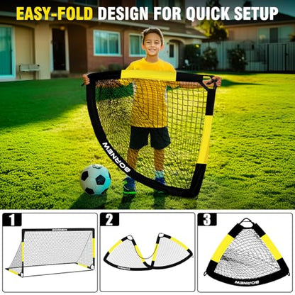 Kids Soccer Goal for Backyard Set - 2 Set of 7X5 / 6X4 ft Toddler Soccer Nets Training Equipment, Soccer Ball, Pop Up Portable Soccer Set for Kids and Youth Games and Training Goals Ages 3-16 Gift - color: 1.Black Yellow, style: 7' x 5'