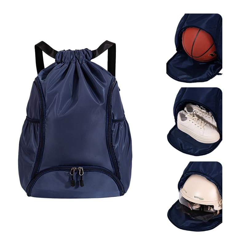 Sports Drawstring Backpack, Waterproof Swim Gym Bag for Women&Men, String Basketball Pack with Shoes Compartment, Dark Blue - color: Dark Blue