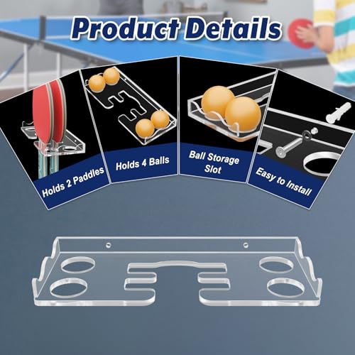 Cosmos Table Tennis Paddle Holder Ping Pong Paddle Wall Mount Shelf Rack Ping Pong Racket Display Stand Holding 2 Pcs Paddles and 4 Balls for Storing in Recreation Room Game Court - color: Transparent Clear
