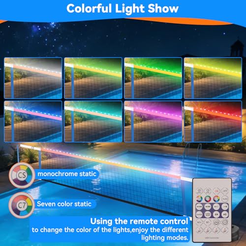 Pool Volleyball Net, Swimming Pool Volleyball Net with LED Light, 15-32FT Adjustable Length for All Pools, Portable 2 Water Volleyball & Pump for Family Pool Party Game Indoor/Outdoor
