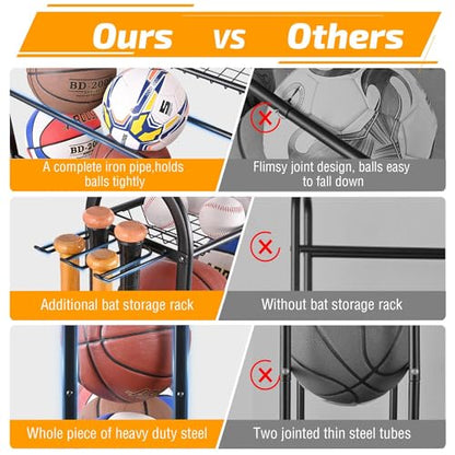 PLKOW Basketball Rack, Rolling Ball Storage with Baseball Bat Holder and Hooks, Sports Equipment Storage with Wheels for Volleyball, Football and Basketball Accessories, Powder Coated Steel