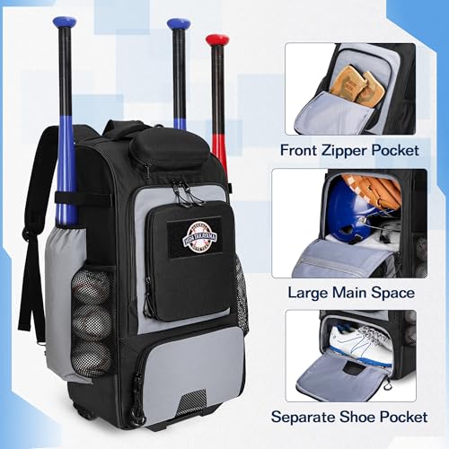 GOBUROS Rolling Baseball Backpack with Wheels, Softball Catchers Equipment Bag Holds 4 Bats, Roller Baseball Backpack with Shoe Compartment and Multiple Pockets for Baseball Gear with Fence Hooks
