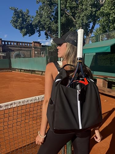 AYRES Tennis Backpack - Spacious Womens Tennis, Padel & Pickleball Bag | Quick-Access Racket Compartment (Fits 2) | Designer Tennis Bag, Water-Resistant & Easy To Clean, Makeup Pouch Included - color: Black