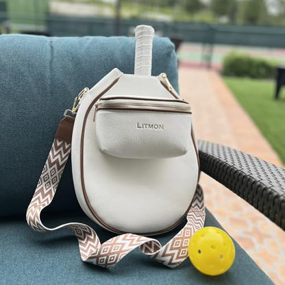 Pickleball Bag for Women, Cute Stylish Paddle Bag, Leather Crossbody with Adjustable Strap & Fence Hook