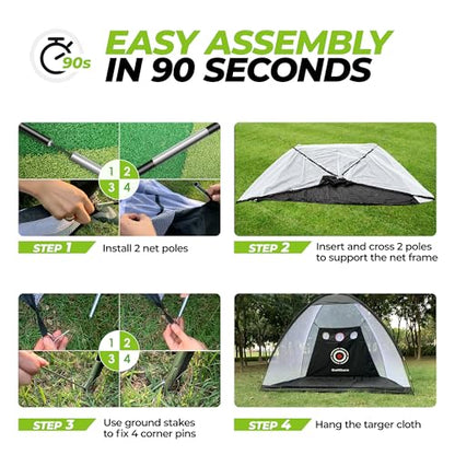 Golfguru All in 1 Golf Practice Net - 10x7ft Tri-Turf Mat, Impact Target, 10 Balls, 7 Tees, Carry Bag for Backyard Driving Chipping Indoor