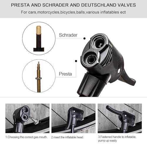 Double Cylinder Barrel Bike Foot Pump,160PSI Aluminum Body Floor Air Pump with Precisional Accurate Pressure Gauge Smart Valve Head for Presta Schrader & Deutschland Valve Bicycle Tire Pumps