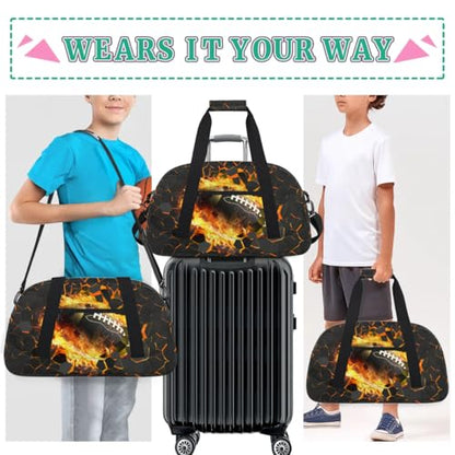 Kids Duffel Bag for Boys - Football Fire Sports Gym Bag Overnight Travel Weekender Bag Lightweight Carry On Sleepovers Bag for School Practice Gymnastics - color: Football