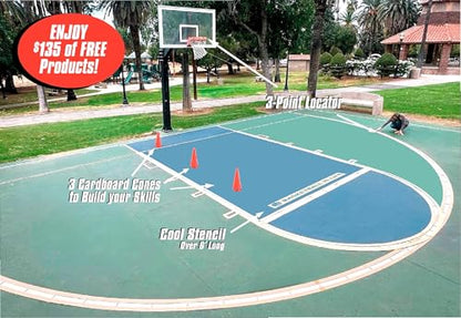 Ronan Sports | Made in USA | Basketball Court Marking Kit | Key, Free Throw & 3 Point Lines | Reusable Cardboard Stencil | (3) 9" Plastic Cones | Basketball is Life Stencil | Paint Options Available