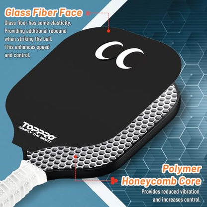 TOPPRO Pickleball Paddles Set of 2, Fiberglass Face, Polypropylene Honeycomb Core, Lightweight Pickleball Rackets 2 Pack - color: EYE Black & White