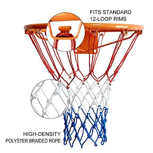 Sanung 2 Pack Heavy Basketball Net Rainproof Sunscreen, Red White Blue Bold Polyester Braided Rope, 12 Loops for Indoor Outdoor Professional Competitions