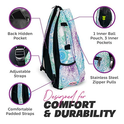 Womens Tennis Backpack - Taboo Fashions Ladies Tennis Bag Holds Two Racquets, Padded Straps and Side Carry Handle - color: White, Purple, Blue, Green