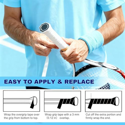 Tennis Racket Grip Tape – 3, 6, 12 Pack Overgrip for Tennis Racquet, Badminton, Pickleball Paddle, Squash, Table Tennis – Sweat Absorbent, Non-Slip, Comfortable Overwrap Grip - color: White + Yellow