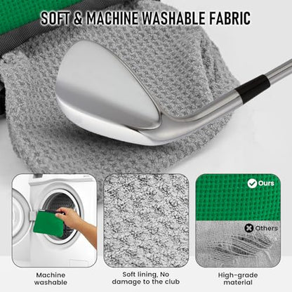 Golf Club and Golf Ball Cleaning Bag - Cleans Club Grooves, Golf Bag Accessories,Waterproof Clean Face Tech, Detachable Clip, Machine Washable,Golfer Gifts for Men(1-Pack,GREEN) - color: GREEN