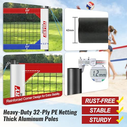 Heavy Duty Professional Volleyball Net Set Aluminum Poles, 32 ft Regulation Portable for Outdoor Backyard Beach, Anti-Sag, Adjustable Height & Length with Carry Bag - color: Red and Blue