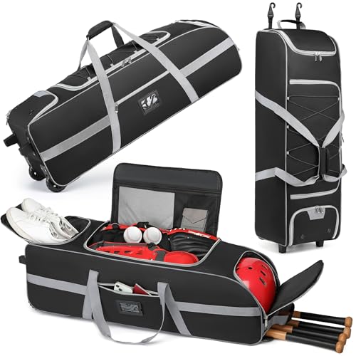 Large Rolling Baseball Catchers Gear Bag with Wheels, Softball Bag for 4 Bats,Equipment Bag with Separate Shoe & Helmet Compartments,Fence Hook for Youth & Adult