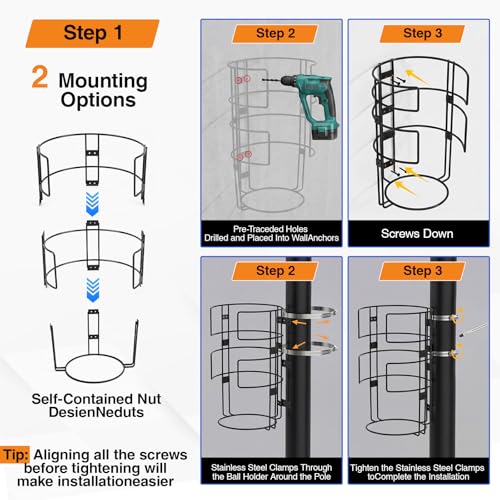 3 Floor Outdoor Vertical Basketball Holder Standing Pole Mount Ball Racks Wall Mount Sport Organizer for 3 Balls for Outdoor Garage Gym Sportground