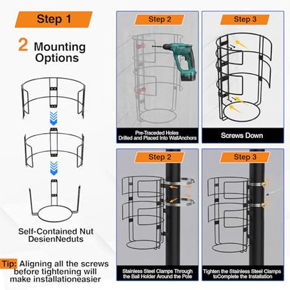 3 Floor Outdoor Vertical Basketball Holder Standing Pole Mount Ball Racks Wall Mount Sport Organizer for 3 Balls for Outdoor Garage Gym Sportground