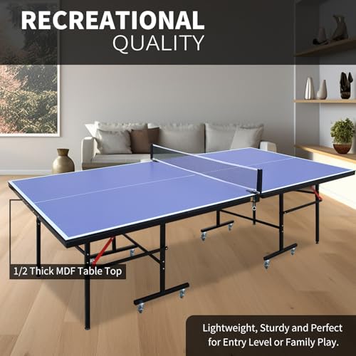 IUNNDS Portable Table Tennis Table 6/8/8.5/9FT Foldable Ping Pong Game Set for Indoor with Net and Post Set, 2 Paddles and 3 Balls - color: Blue-8FT with Wheel