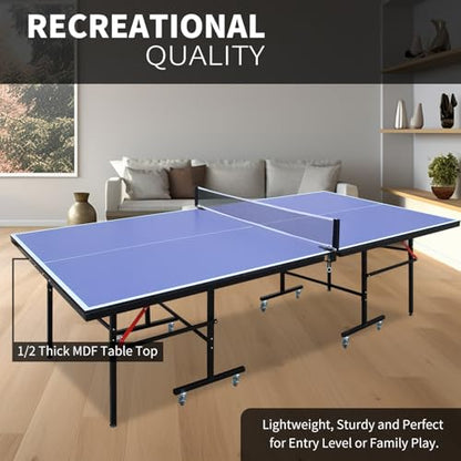 IUNNDS Portable Table Tennis Table 6/8/8.5/9FT Foldable Ping Pong Game Set for Indoor with Net and Post Set, 2 Paddles and 3 Balls - color: Blue-8FT with Wheel