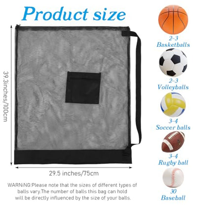 Bremorou Mesh Bags Drawstring, Extra Large Mesh Ball Bag - Heavy Duty Drawstring Backpack for Sports Equipment, Sport Balls Storage Bag with Pocket, Adjustable Shoulder Strap for Gym, Beach, Travel
