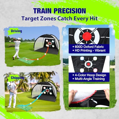 Golf Net, Pro-Grade 10x7 FT Practice Net Kit with 2-in-1 Replaceable Non-Slip Turf Mat, Golf Driving Nets for Backyard, Chipping Swing Training for Golfer Indoor/Outdoor