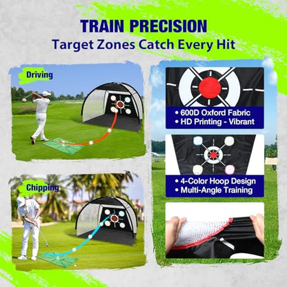 Golf Net, Pro-Grade 10x7 FT Practice Net Kit with 2-in-1 Replaceable Non-Slip Turf Mat, Golf Driving Nets for Backyard, Chipping Swing Training for Golfer Indoor/Outdoor