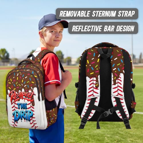 Kids Schoolbag for Boys Girls Baseball Drip Backpack, 17" Cool Sports Bookbag for Teenagers Elementary Middle College Students Picnic Teammates - color: Brown
