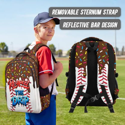 Kids Schoolbag for Boys Girls Baseball Drip Backpack, 17" Cool Sports Bookbag for Teenagers Elementary Middle College Students Picnic Teammates - color: Brown